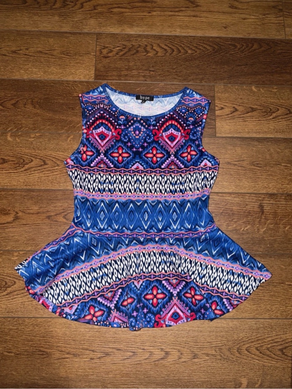 Hype Blue Patterned Peplum Tank Top with Pink Accents